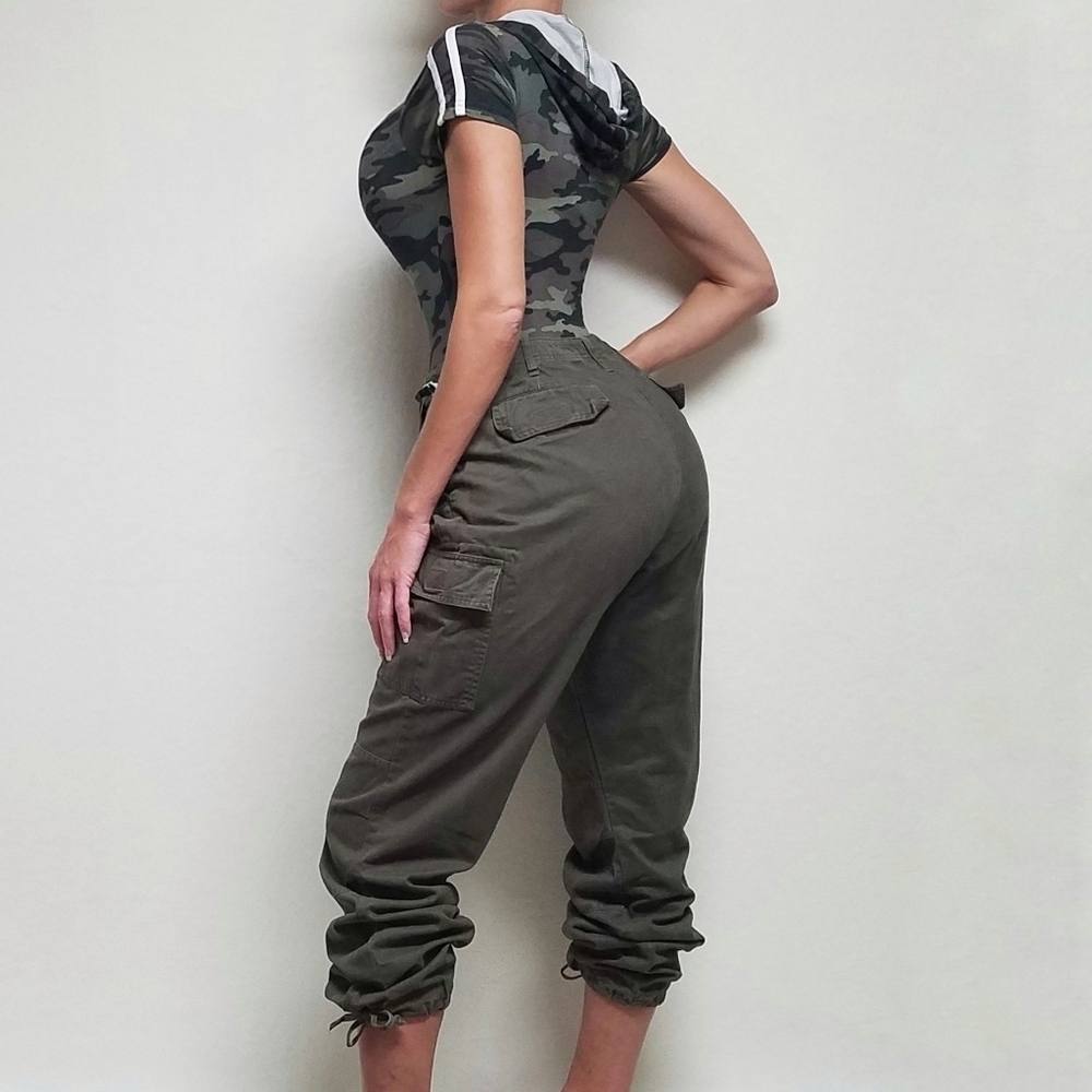 Vintage 1990s Carolina Blues Army Green Khaki Cargo Cropped Ankle Tie Pants - Picture 3 of 14